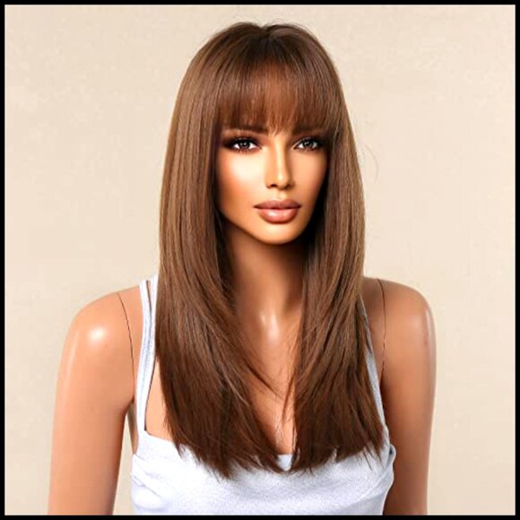 Synthetic Straight Wig With Bangs Shoulder Length Layered Natural Looking main image 6